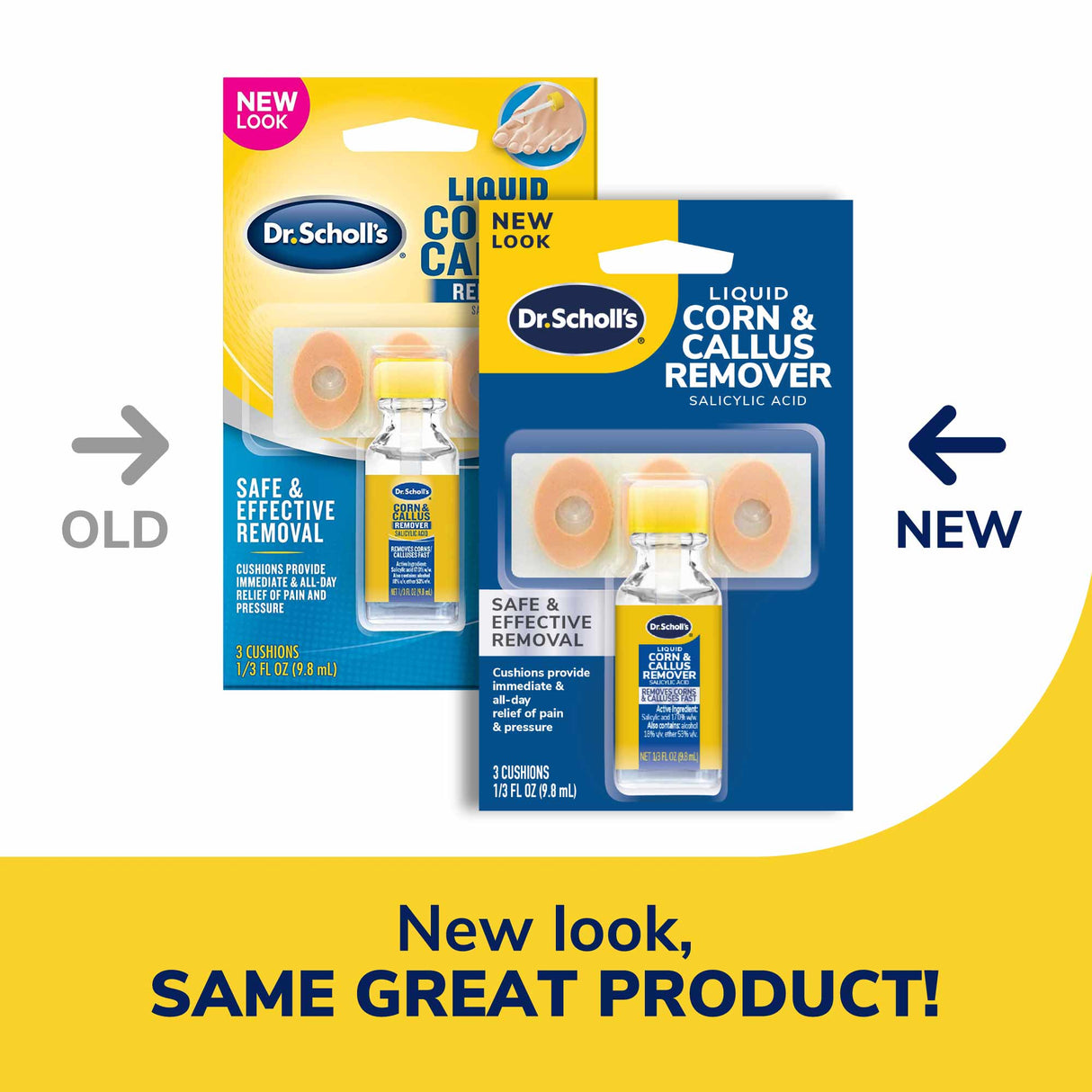 image of the old packaging and of the new packaging of the liquid corn & callus remover